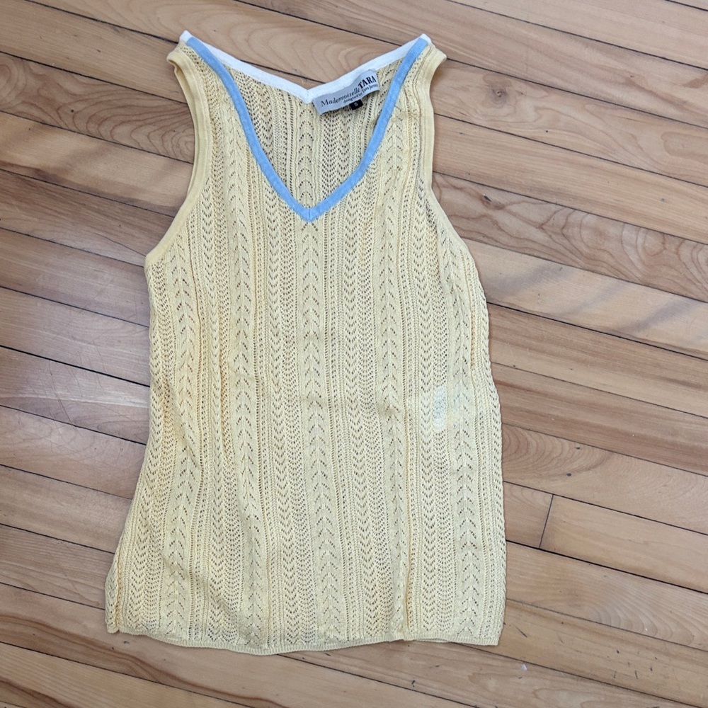 Tara Jarmon Yellow Knit Tank with Blue Trim